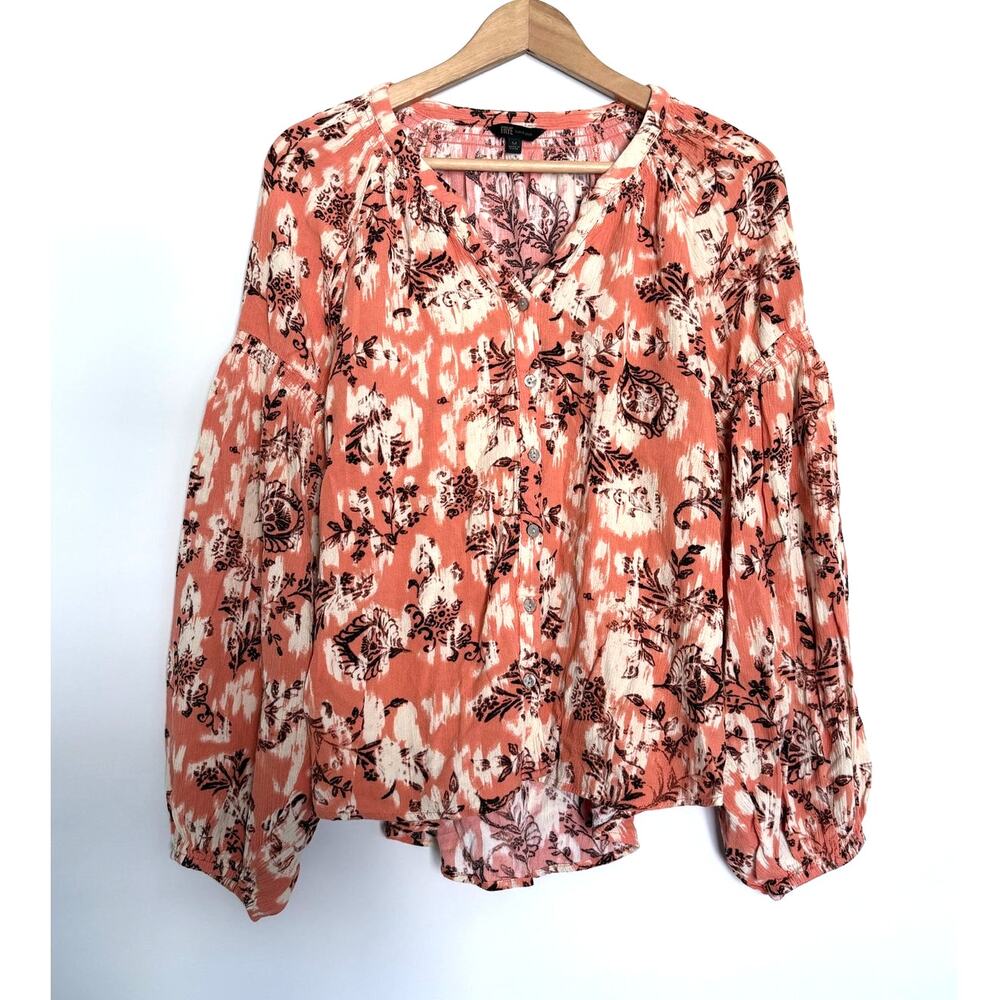 FRYE orange brown white balloon sleeve billowy boho peasant blouse top